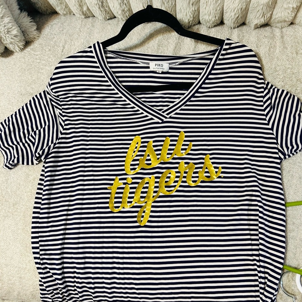 Piko 1988 Purple and White Striped Tunic with Gold Text